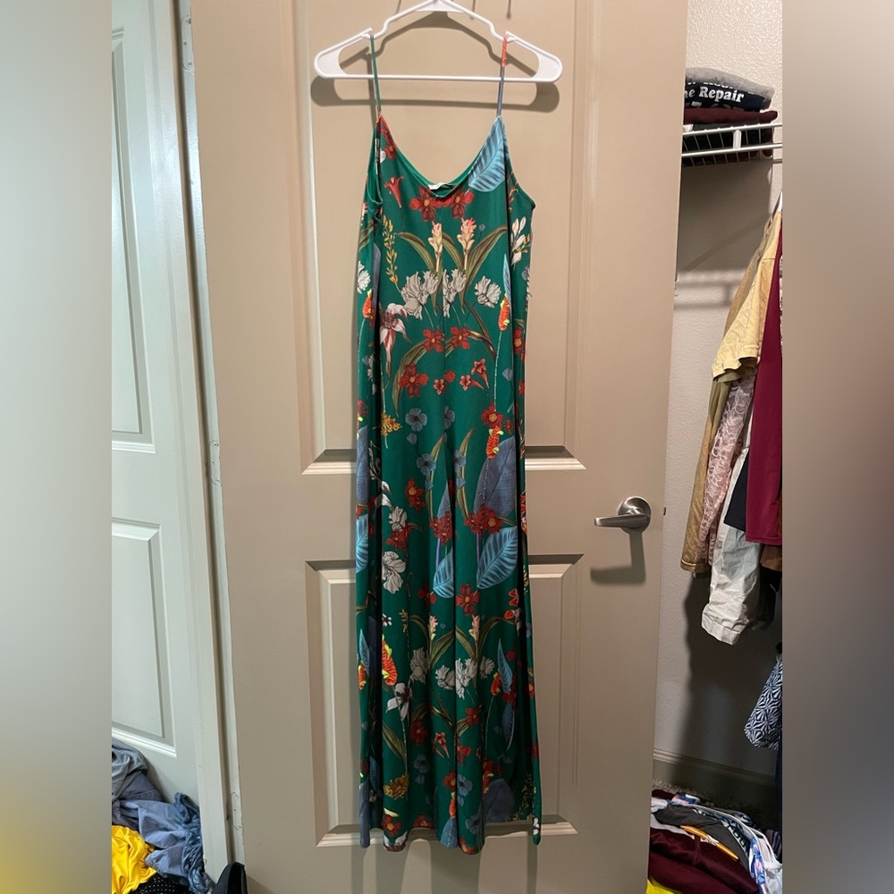 Zara Satin Jumpsuit with Red Floral Pattern